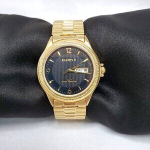 Elgin II Gold-Tone Mens Watch Black Dial Day & Date Display Water Resistant